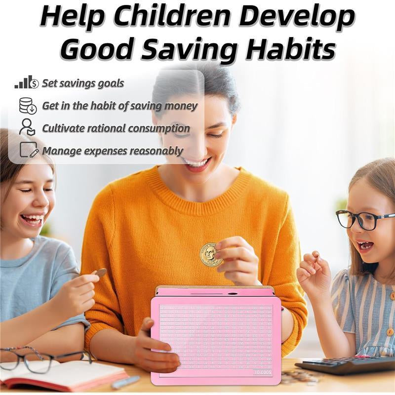 $10000 Larger Size Savings Challenge Box - Cash Vault Wooden Money Savings Box for Adults Kids - Money Bank - Wooden Cash Coin Piggy Bank with Counter and Dry Erase Pen - Pink Decor Transparent ATM Electronic Ornaments Decorative Gift