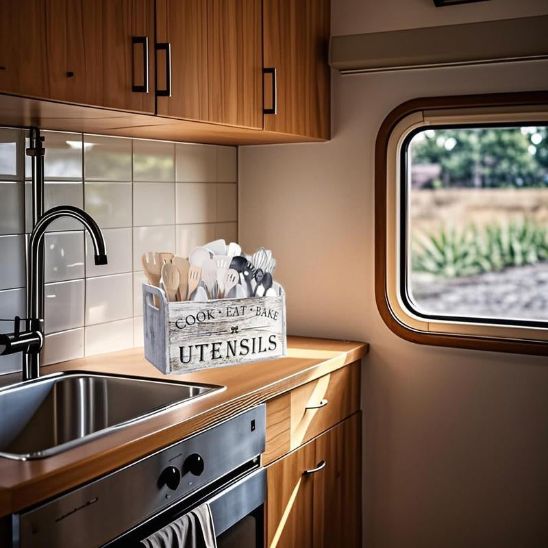 Wooden Cooking Utensils Storage Rack, 1 Count Kitchen Utensils Holder with 3 Compartments, Kitchen Utensils Storage Box, Kitchen Gadgets Organizer