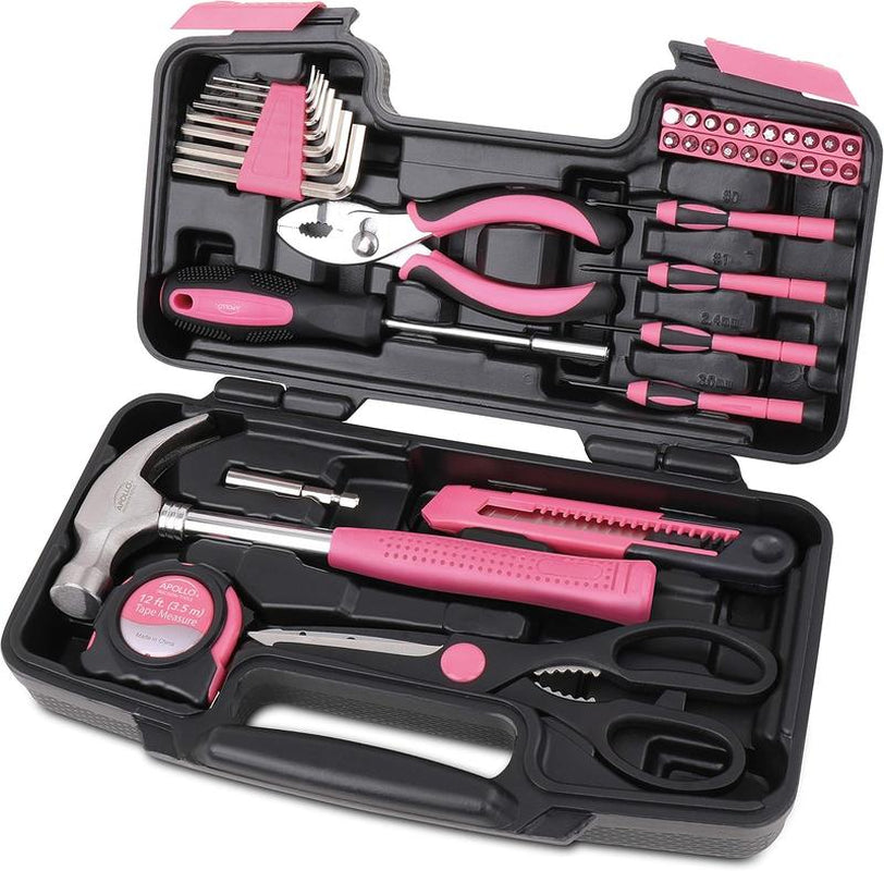 39 Piece General Household Tool Set in Toolbox Storage Case with Essential Hand Tools for Everyday Home Repairs, DIY and Crafts - Pink Ribbon - Pink