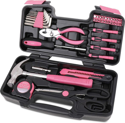 39 Piece General Household Tool Set in Toolbox Storage Case with Essential Hand Tools for Everyday Home Repairs, DIY and Crafts - Pink Ribbon - Pink