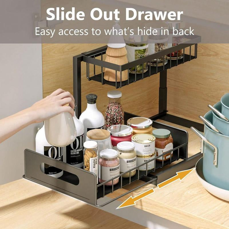 Under Sink Organizer Pull Out Cabinet Organizer 2 Tier Slide Out Sink Shelf Stable Storage Shelves for Kitchen & Bathroom Cabinets with Easy Access Mechanism