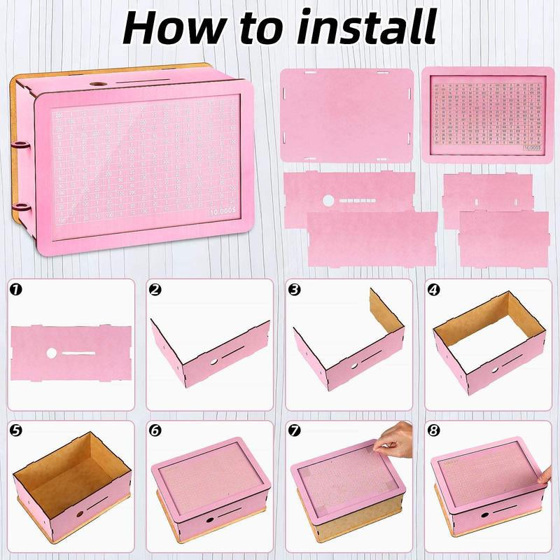 $10000 Larger Size Savings Challenge Box - Cash Vault Wooden Money Savings Box for Adults Kids - Money Bank - Wooden Cash Coin Piggy Bank with Counter and Dry Erase Pen - Pink Decor Transparent ATM Electronic Ornaments Decorative Gift