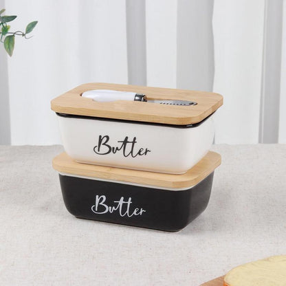 Butter Dish Ceramic/Stainless Steel Container with Lid & Knife – Premium Large Countertop Keeper Featuring Double Silicone Sealing and Easy-Clean Finish, Great Gift Idea for Butter Lovers .Traditional White Kitchen Utensils
