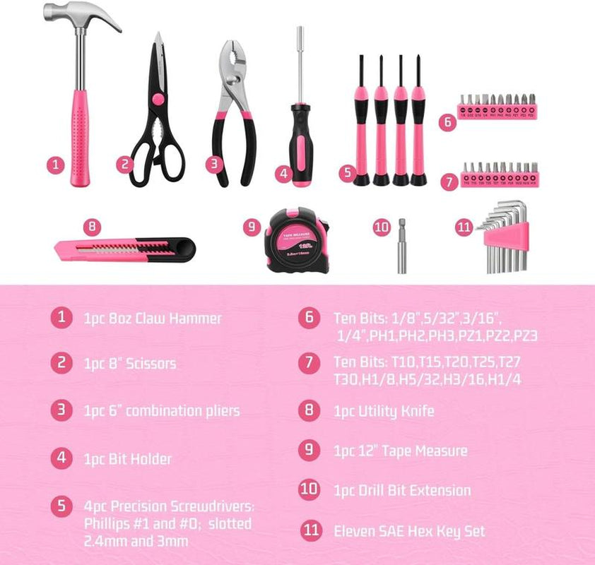 39 Piece General Household Tool Set in Toolbox Storage Case with Essential Hand Tools for Everyday Home Repairs, DIY and Crafts - Pink Ribbon - Pink