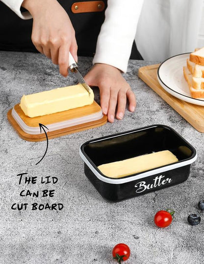 Butter Dish Ceramic/Stainless Steel Container with Lid & Knife – Premium Large Countertop Keeper Featuring Double Silicone Sealing and Easy-Clean Finish, Great Gift Idea for Butter Lovers .Traditional White Kitchen Utensils