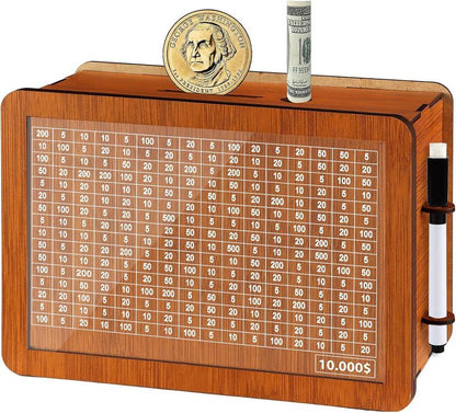 $10000 Larger Size Savings Challenge Box - Cash Vault Wooden Money Savings Box for Adults Kids - Money Bank - Wooden Cash Coin Piggy Bank with Counter and Dry Erase Pen - Pink Decor Transparent ATM Electronic Ornaments Decorative Gift