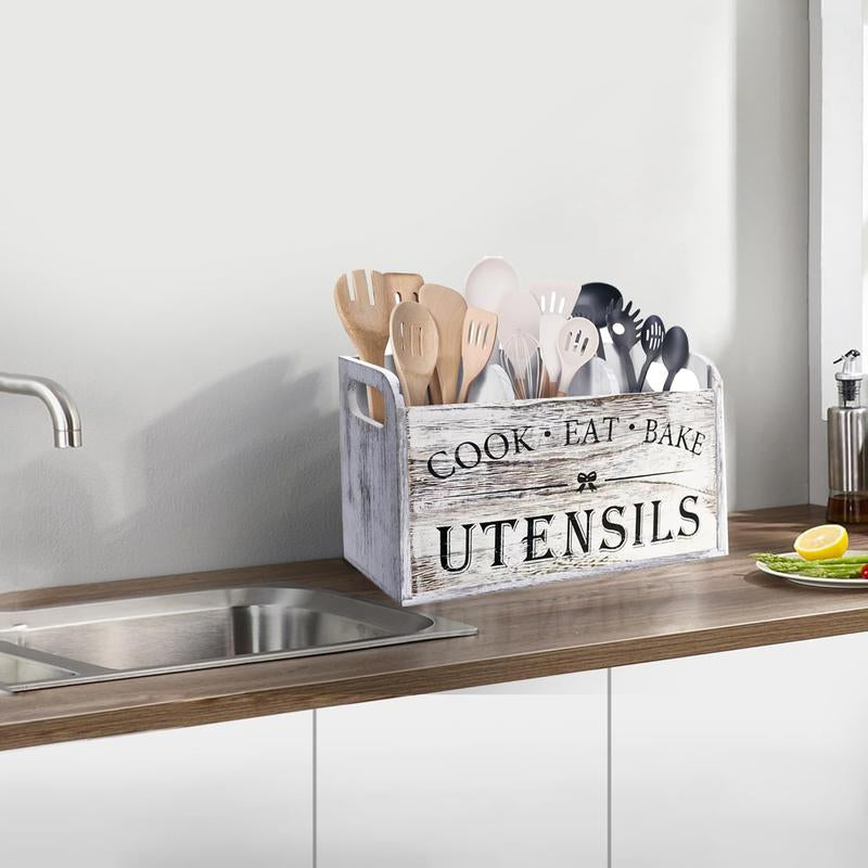 Wooden Cooking Utensils Storage Rack, 1 Count Kitchen Utensils Holder with 3 Compartments, Kitchen Utensils Storage Box, Kitchen Gadgets Organizer