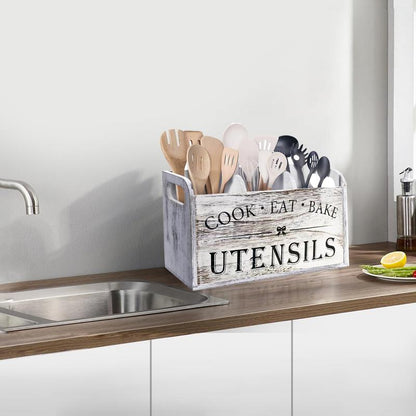 Wooden Cooking Utensils Storage Rack, 1 Count Kitchen Utensils Holder with 3 Compartments, Kitchen Utensils Storage Box, Kitchen Gadgets Organizer