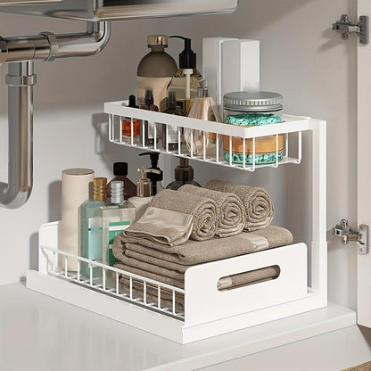 Under Sink Organizer Pull Out Cabinet Organizer 2 Tier Slide Out Sink Shelf Stable Storage Shelves for Kitchen & Bathroom Cabinets with Easy Access Mechanism