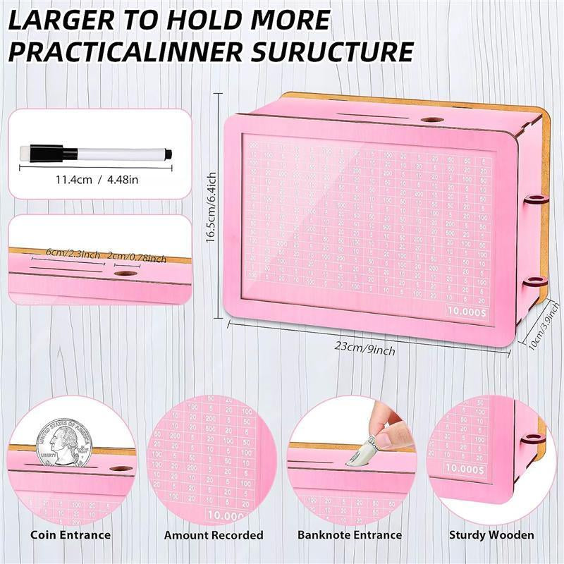 $10000 Larger Size Savings Challenge Box - Cash Vault Wooden Money Savings Box for Adults Kids - Money Bank - Wooden Cash Coin Piggy Bank with Counter and Dry Erase Pen - Pink Decor Transparent ATM Electronic Ornaments Decorative Gift
