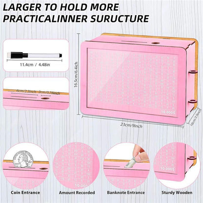 $10000 Larger Size Savings Challenge Box - Cash Vault Wooden Money Savings Box for Adults Kids - Money Bank - Wooden Cash Coin Piggy Bank with Counter and Dry Erase Pen - Pink Decor Transparent ATM Electronic Ornaments Decorative Gift