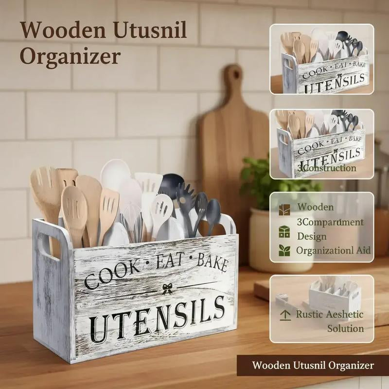 Wooden Cooking Utensils Storage Rack, 1 Count Kitchen Utensils Holder with 3 Compartments, Kitchen Utensils Storage Box, Kitchen Gadgets Organizer