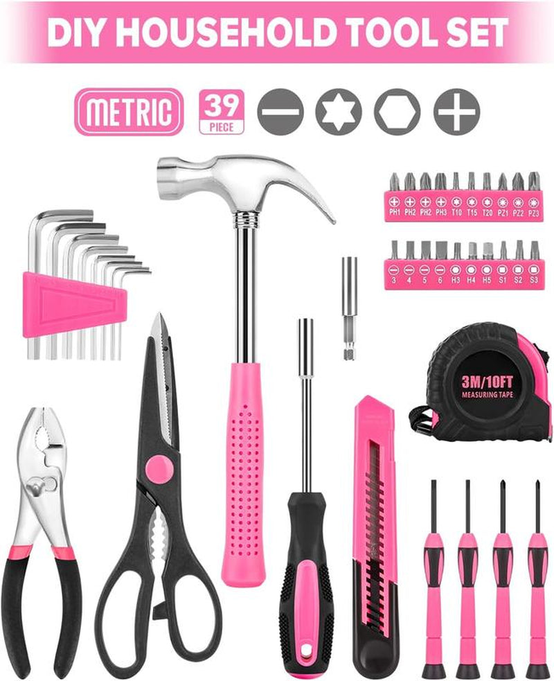 39 Piece General Household Tool Set in Toolbox Storage Case with Essential Hand Tools for Everyday Home Repairs, DIY and Crafts - Pink Ribbon - Pink