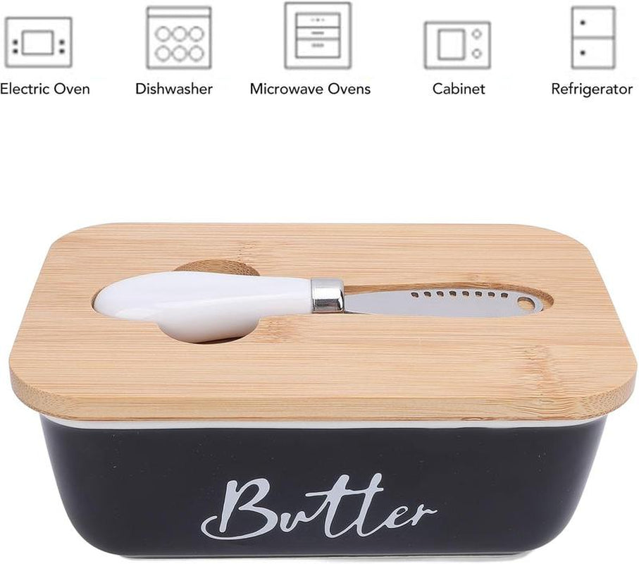 Butter Dish Ceramic/Stainless Steel Container with Lid & Knife – Premium Large Countertop Keeper Featuring Double Silicone Sealing and Easy-Clean Finish, Great Gift Idea for Butter Lovers .Traditional White Kitchen Utensils