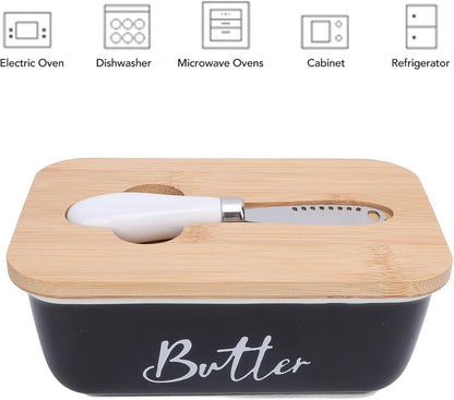 Butter Dish Ceramic/Stainless Steel Container with Lid & Knife – Premium Large Countertop Keeper Featuring Double Silicone Sealing and Easy-Clean Finish, Great Gift Idea for Butter Lovers .Traditional White Kitchen Utensils