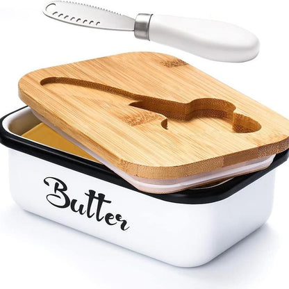 Butter Dish Ceramic/Stainless Steel Container with Lid & Knife – Premium Large Countertop Keeper Featuring Double Silicone Sealing and Easy-Clean Finish, Great Gift Idea for Butter Lovers .Traditional White Kitchen Utensils
