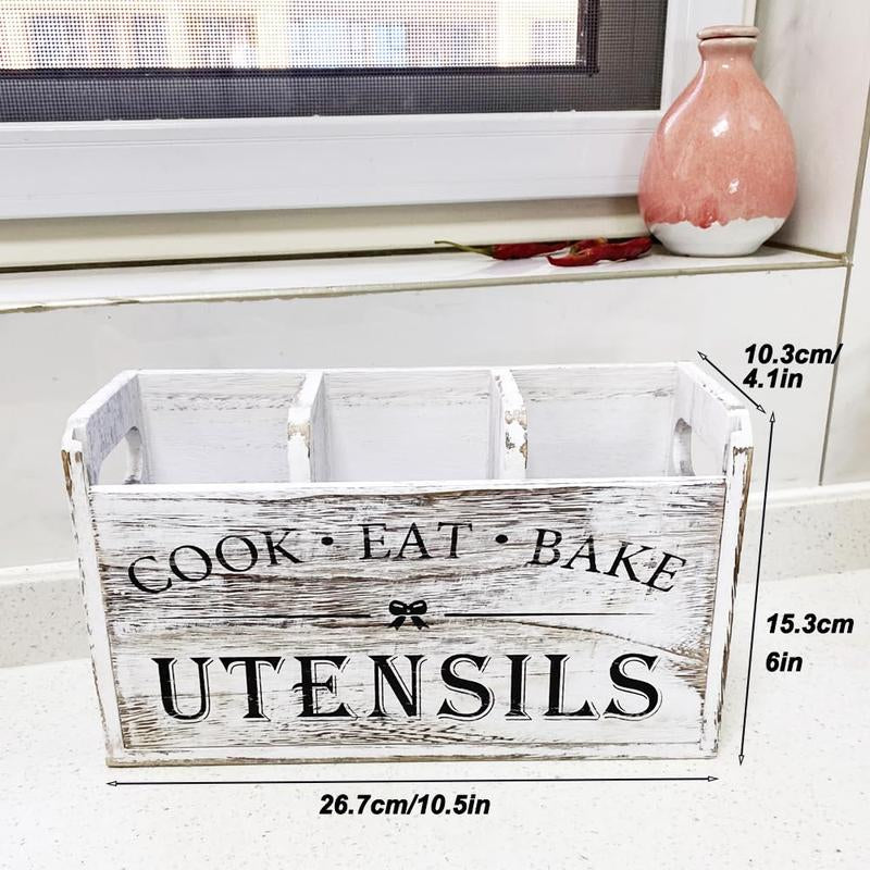 Wooden Cooking Utensils Storage Rack, 1 Count Kitchen Utensils Holder with 3 Compartments, Kitchen Utensils Storage Box, Kitchen Gadgets Organizer