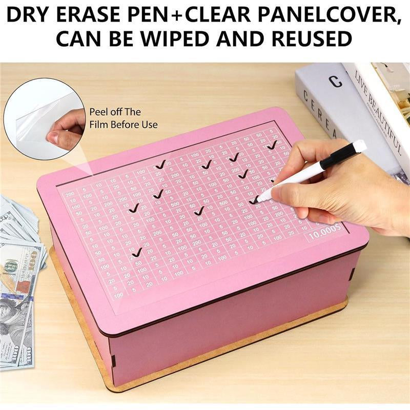 $10000 Larger Size Savings Challenge Box - Cash Vault Wooden Money Savings Box for Adults Kids - Money Bank - Wooden Cash Coin Piggy Bank with Counter and Dry Erase Pen - Pink Decor Transparent ATM Electronic Ornaments Decorative Gift