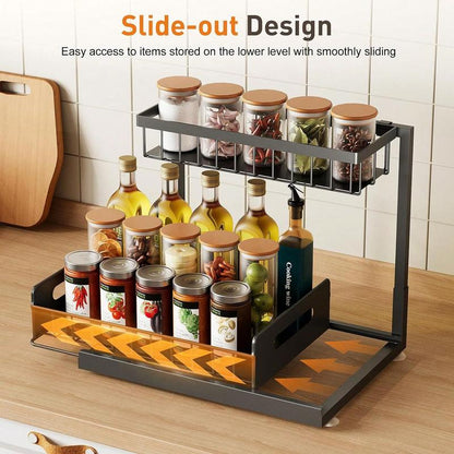 Under Sink Organizer Pull Out Cabinet Organizer 2 Tier Slide Out Sink Shelf Stable Storage Shelves for Kitchen & Bathroom Cabinets with Easy Access Mechanism