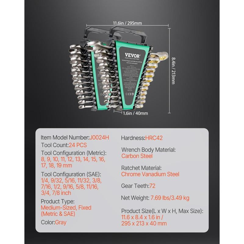 Combination Wrench Set 24 PCS SAE 1/4" to 7/8" Metric 8-19 Mm Organizer Rack
