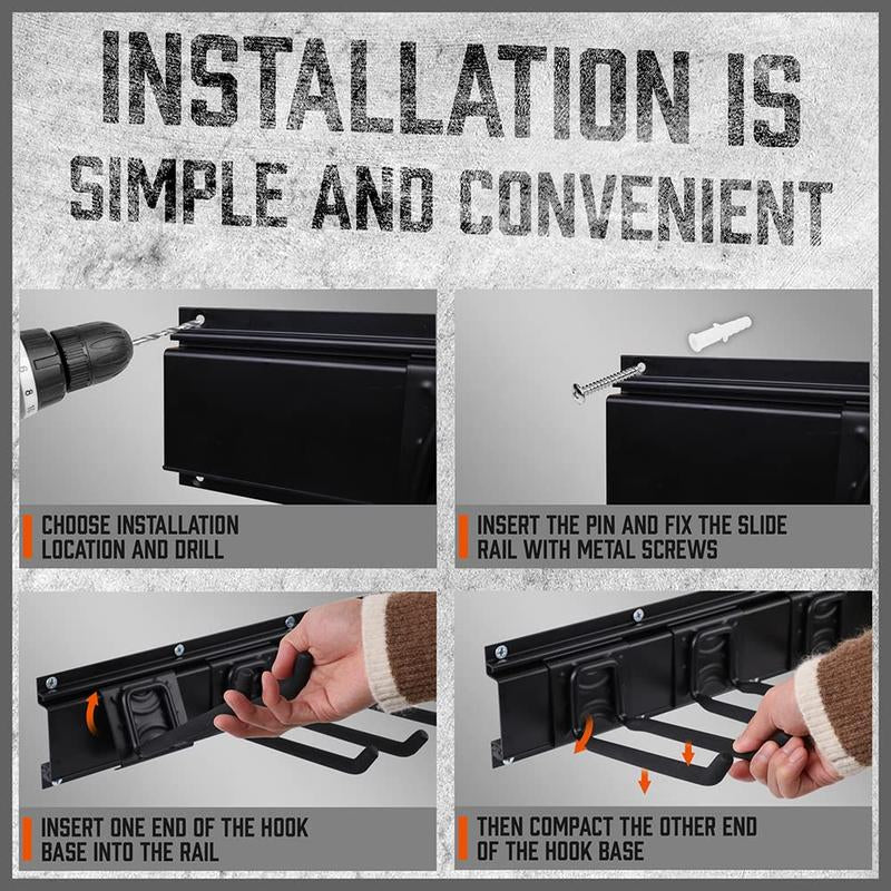 HORUSDY 64-Inch Heavy Duty Garage Organization Rack, 4 Packs Rails and 9 Adjustable Hooks, Tool Organizer Rack with Heavy Double Hooks Tracks Max Load 600LB Steel Wall Installation