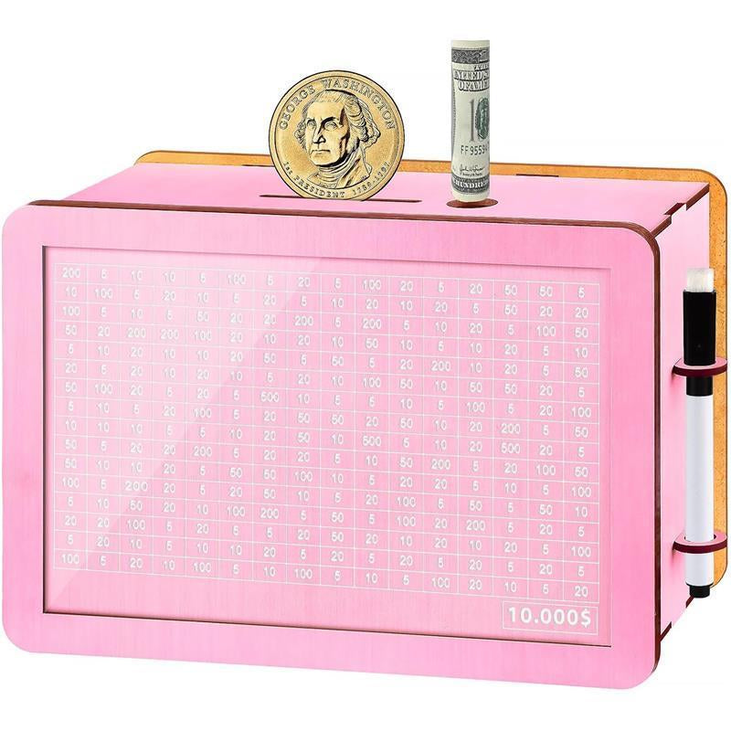 $10000 Larger Size Savings Challenge Box - Cash Vault Wooden Money Savings Box for Adults Kids - Money Bank - Wooden Cash Coin Piggy Bank with Counter and Dry Erase Pen - Pink Decor Transparent ATM Electronic Ornaments Decorative Gift