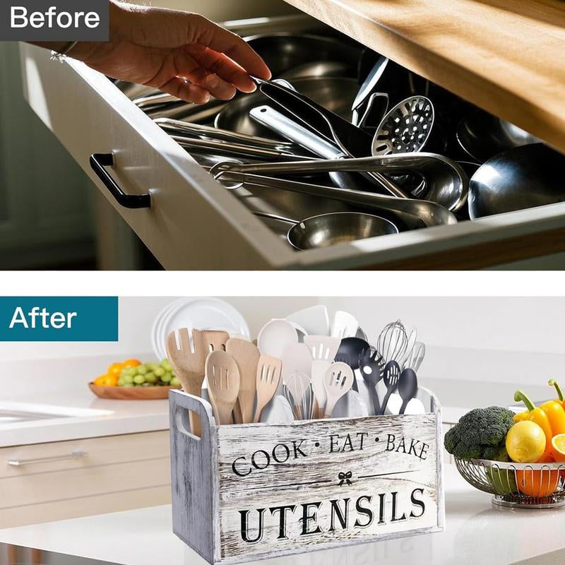 Wooden Cooking Utensils Storage Rack, 1 Count Kitchen Utensils Holder with 3 Compartments, Kitchen Utensils Storage Box, Kitchen Gadgets Organizer