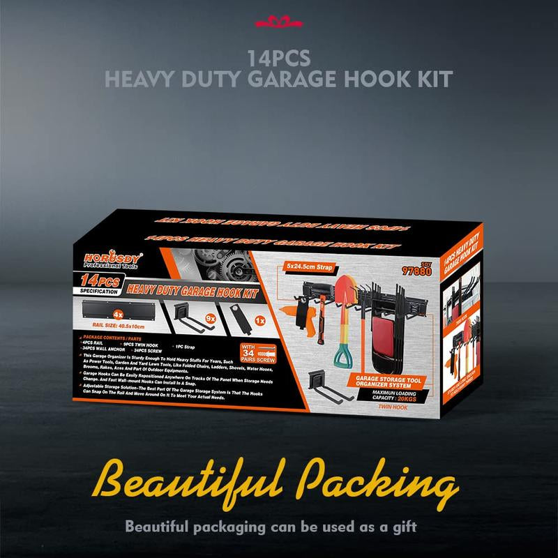 HORUSDY 64-Inch Heavy Duty Garage Organization Rack, 4 Packs Rails and 9 Adjustable Hooks, Tool Organizer Rack with Heavy Double Hooks Tracks Max Load 600LB Steel Wall Installation