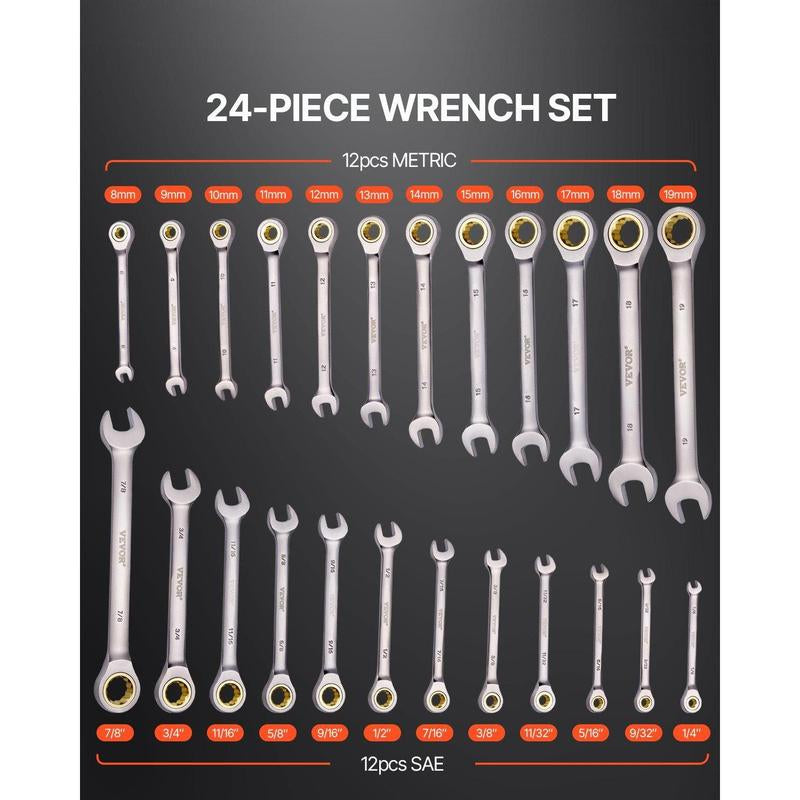 Combination Wrench Set 24 PCS SAE 1/4" to 7/8" Metric 8-19 Mm Organizer Rack