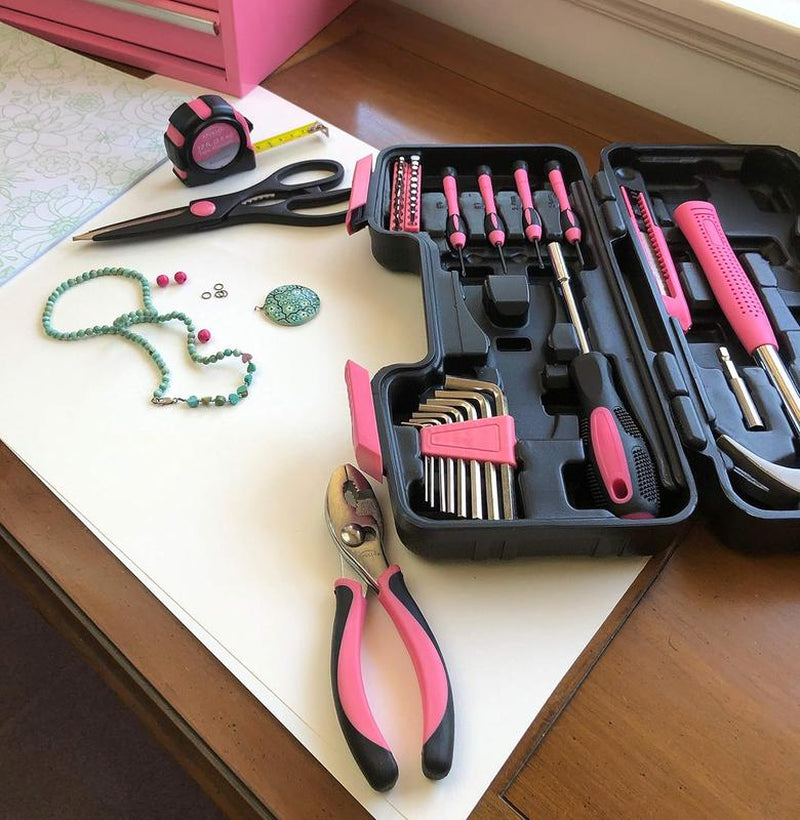 39 Piece General Household Tool Set in Toolbox Storage Case with Essential Hand Tools for Everyday Home Repairs, DIY and Crafts - Pink Ribbon - Pink