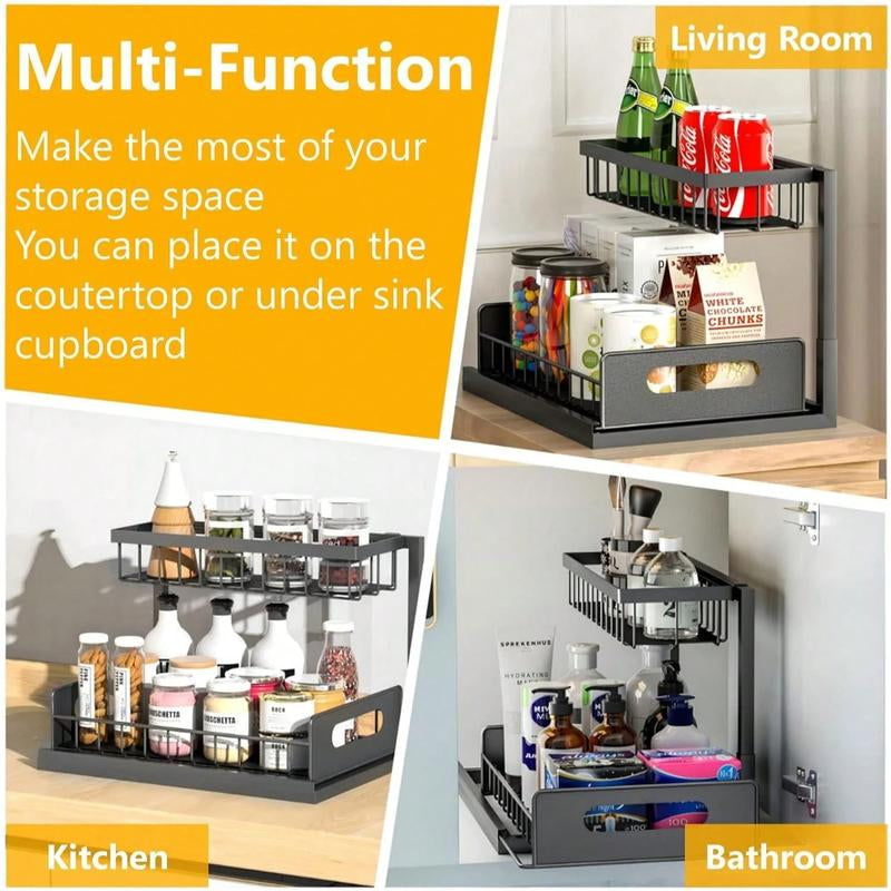 Under Sink Organizer Pull Out Cabinet Organizer 2 Tier Slide Out Sink Shelf Stable Storage Shelves for Kitchen & Bathroom Cabinets with Easy Access Mechanism