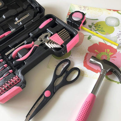 39 Piece General Household Tool Set in Toolbox Storage Case with Essential Hand Tools for Everyday Home Repairs, DIY and Crafts - Pink Ribbon - Pink