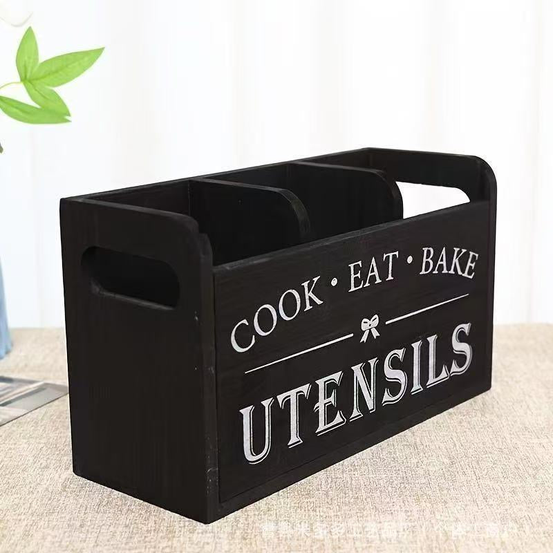 Wooden Cooking Utensils Storage Rack, 1 Count Kitchen Utensils Holder with 3 Compartments, Kitchen Utensils Storage Box, Kitchen Gadgets Organizer