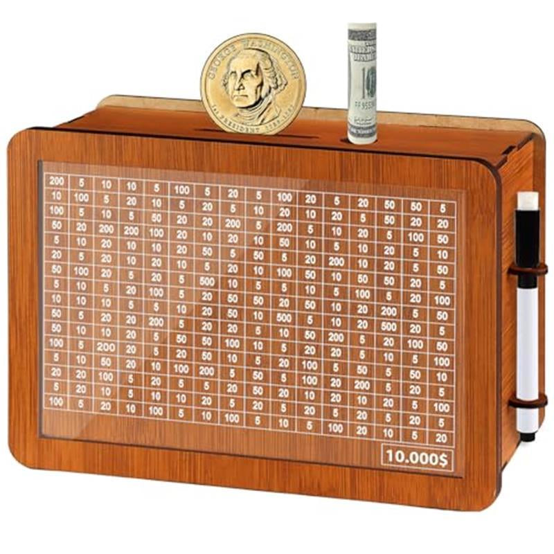 $10000 Larger Size Savings Challenge Box - Cash Vault Wooden Money Savings Box for Adults Kids - Money Bank - Wooden Cash Coin Piggy Bank with Counter and Dry Erase Pen - Pink Decor Transparent ATM Electronic Ornaments Decorative Gift