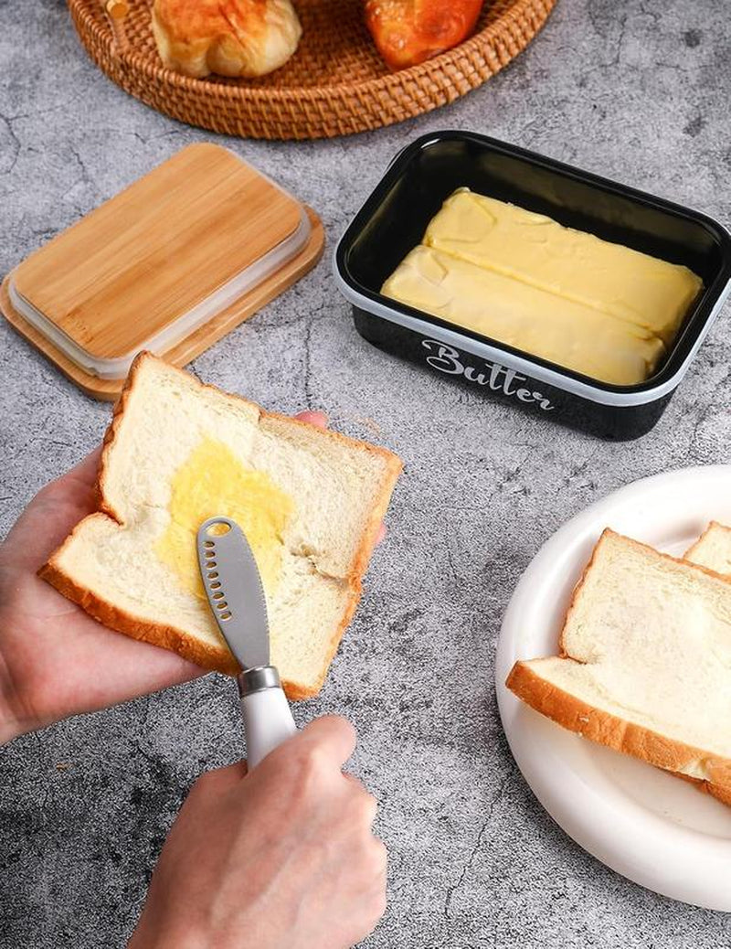 Butter Dish Ceramic/Stainless Steel Container with Lid & Knife – Premium Large Countertop Keeper Featuring Double Silicone Sealing and Easy-Clean Finish, Great Gift Idea for Butter Lovers .Traditional White Kitchen Utensils