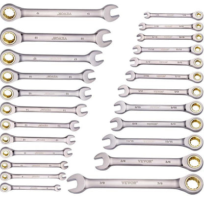Combination Wrench Set 24 PCS SAE 1/4" to 7/8" Metric 8-19 Mm Organizer Rack