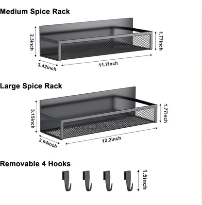 Magnetic Spice Rack for Refrigerator, 2 Pack Magnetic Shelf, Fridge Magnet Organizer with Moveable 4 Hooks, Magnet Fridge Shelf for Kitchen Organization and Storage (2 Pack)